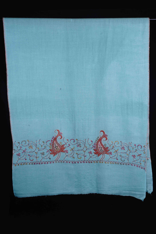 Sky Blue Big Border Sozni Embroidery Merino Wool Scarf