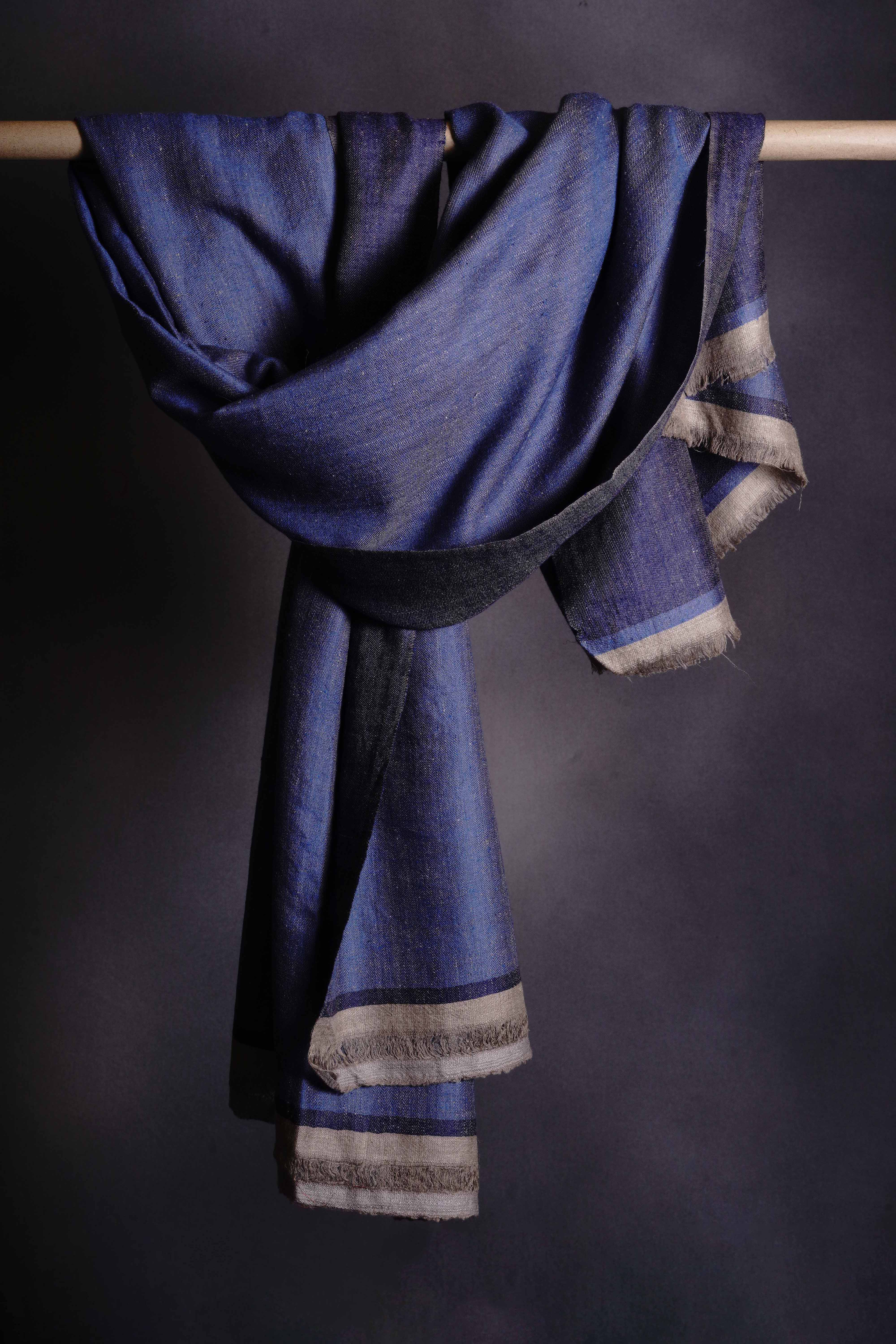 Reversible Navy and Blue Handwoven Cashmere Pashmina Shawl