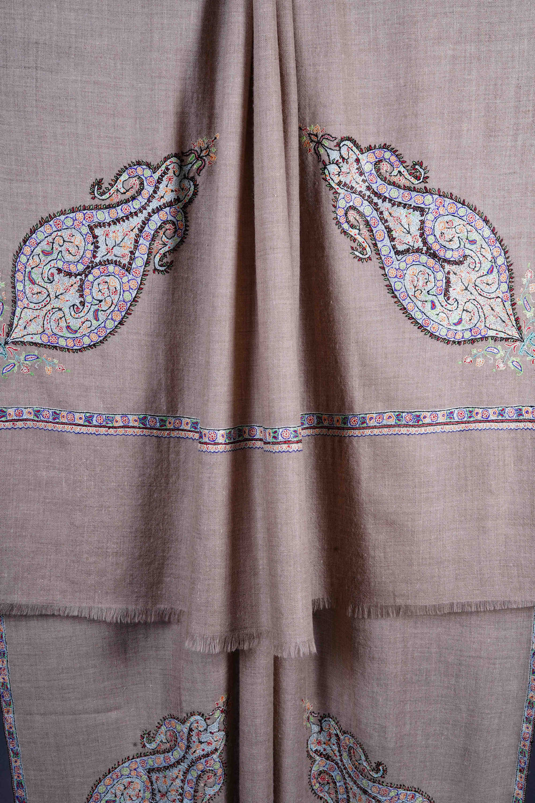 Natural base Cone Motif Sozni Hand Embroidery Pashmina Shawl