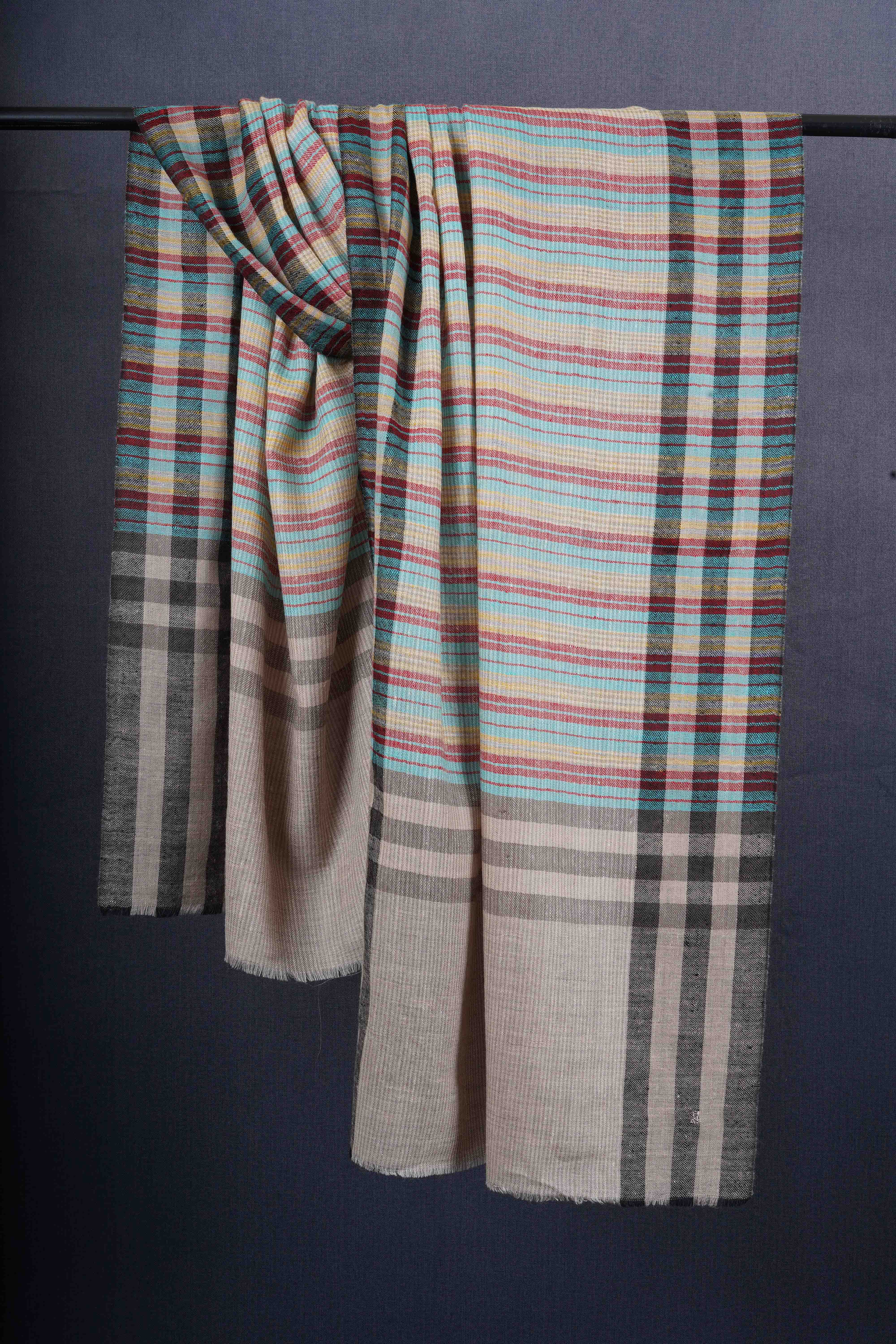 Ivory Base Multicolor Striped Handwoven Cashmere Pashmina Scarf