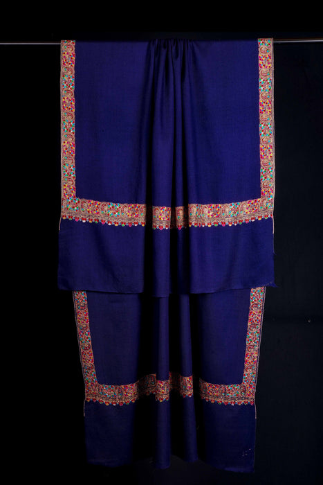 Blue Base with Multicolor Border Embroidery Cashmere Pashmina Shawl