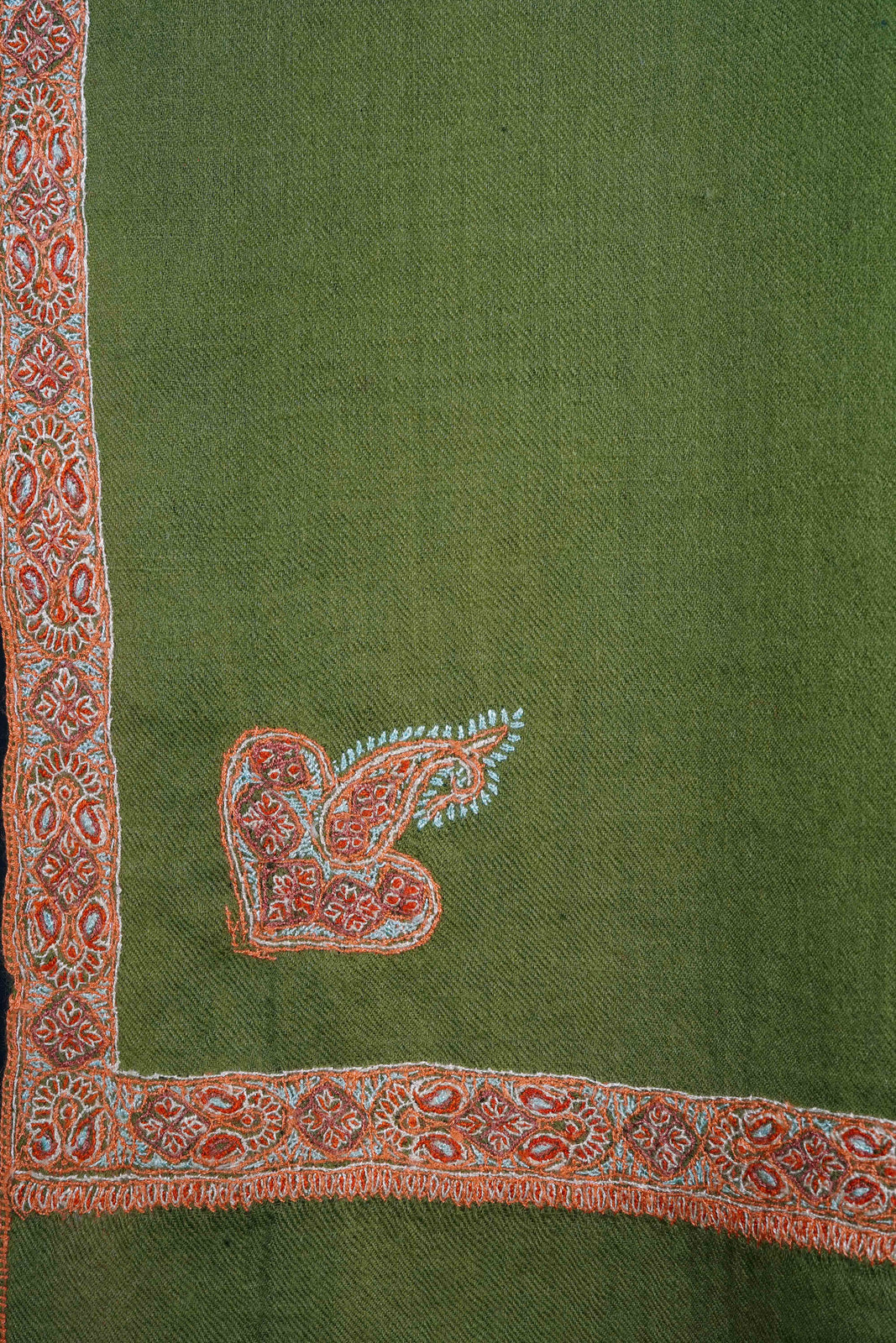 Olive Green Border Embroidery Cashmere Pashmina Scarf