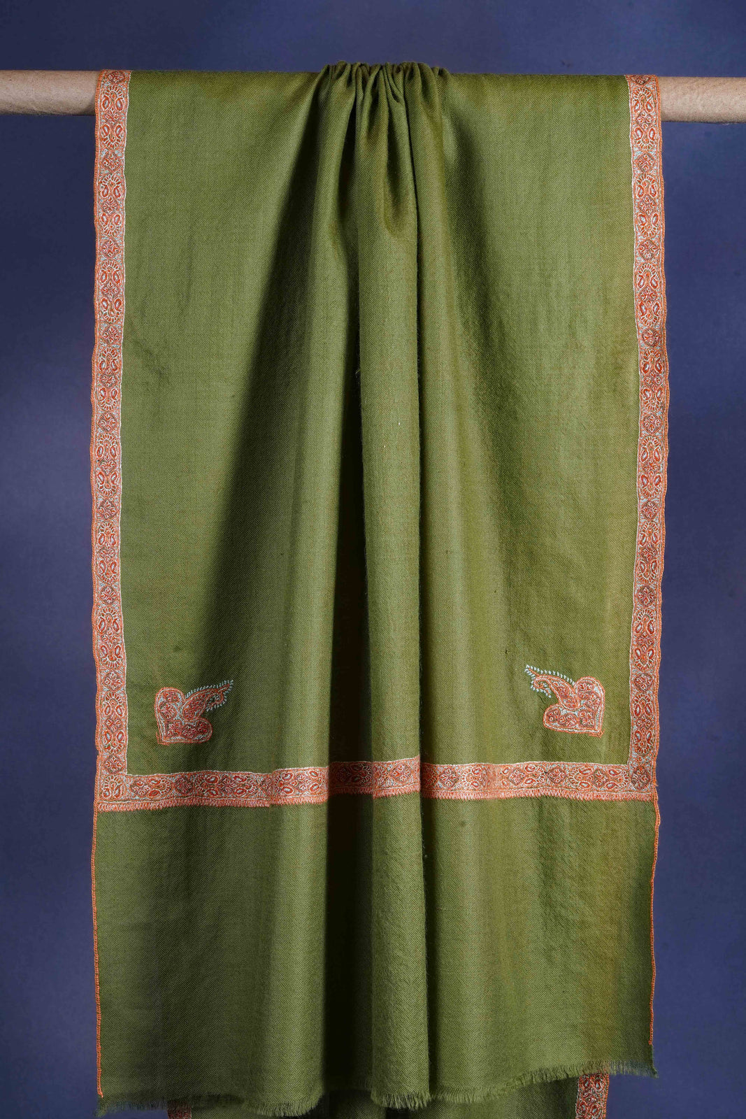 Olive Green Border Embroidery Cashmere Pashmina Scarf