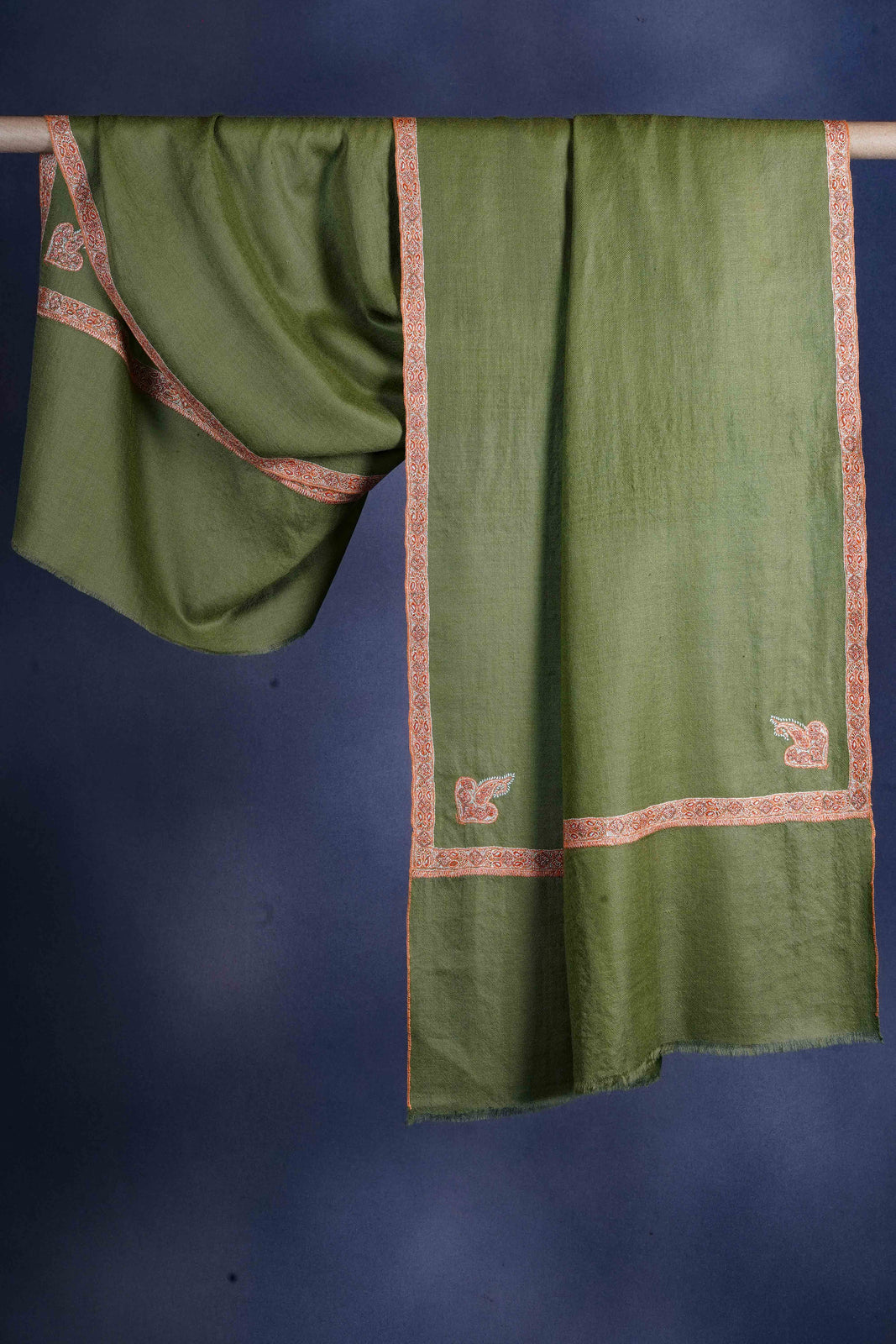 Olive Green Border Embroidery Cashmere Pashmina Scarf