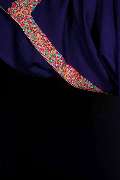 Blue Base with Multicolor Border Embroidery Cashmere Pashmina Shawl