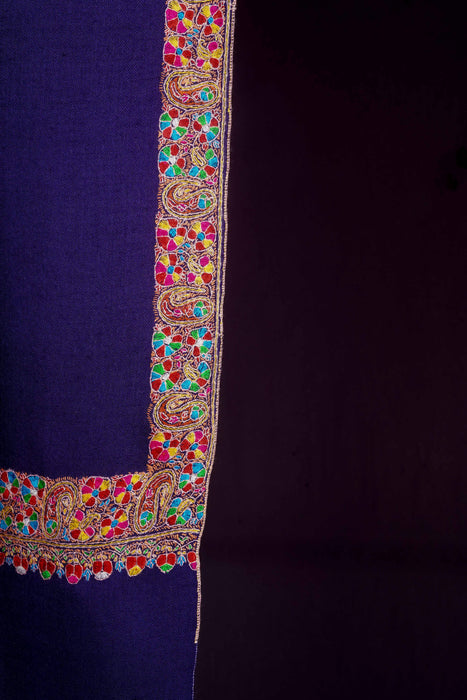 Blue Base with Multicolor Border Embroidery Cashmere Pashmina Shawl