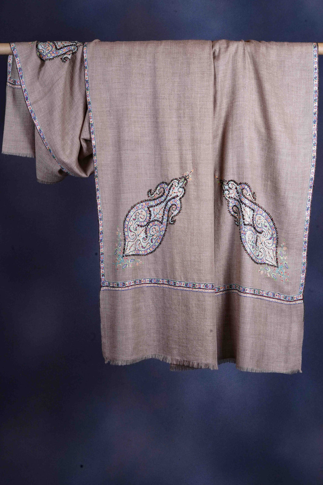 Natural base Cone Motif Sozni Hand Embroidery Pashmina Shawl