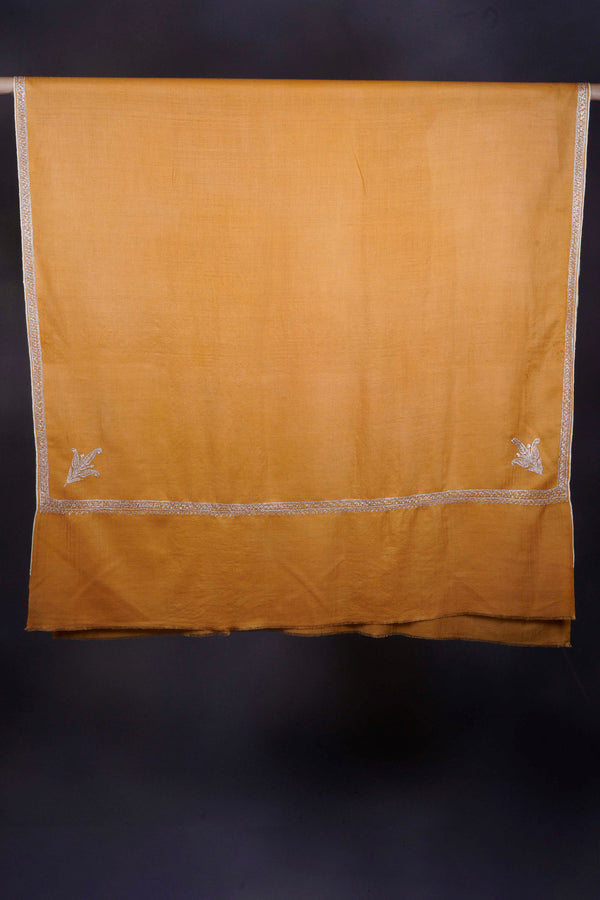 Mustard Yellow Silver Tilla Small Border Embroidery Pashmina Shawl