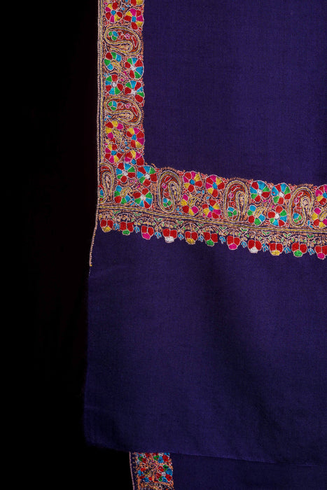 Blue Base with Multicolor Border Embroidery Cashmere Pashmina Shawl