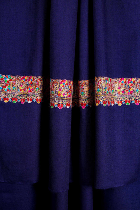 Blue Base with Multicolor Border Embroidery Cashmere Pashmina Shawl