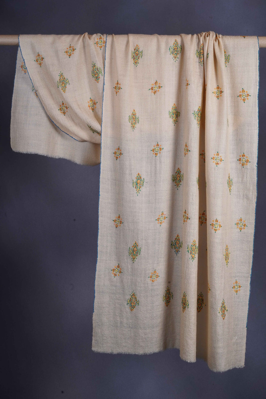 Beige Butti-Dar Motif Embroidery Cashmere Pashmina Scarf