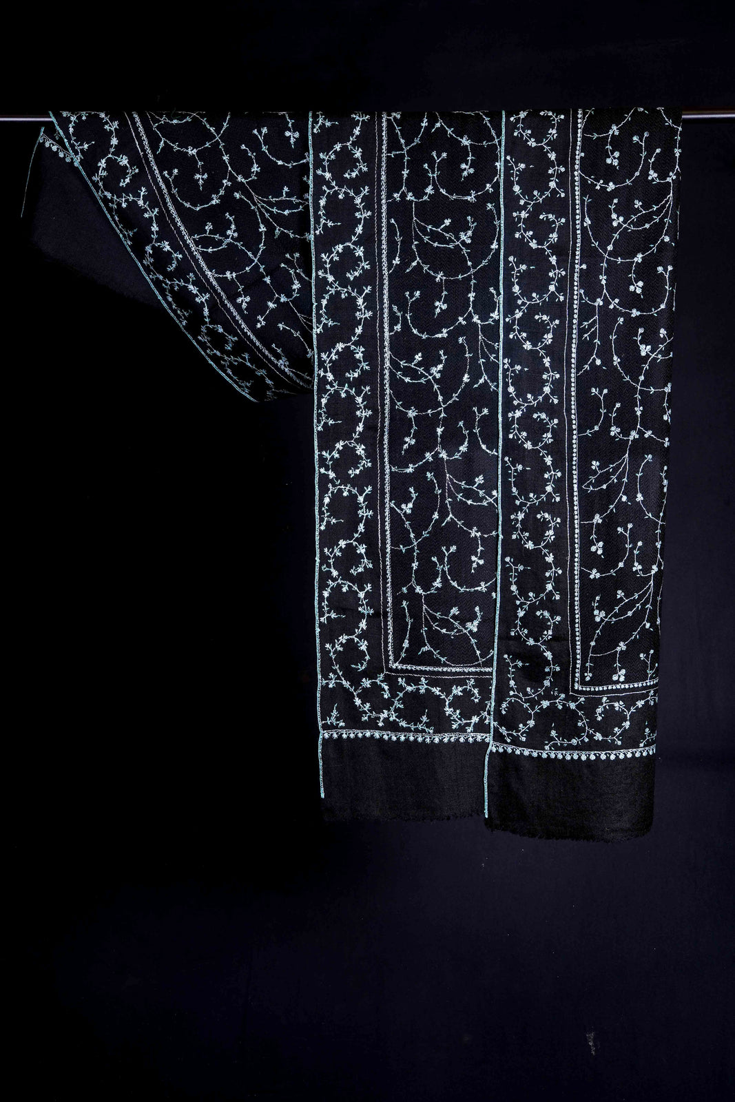 Black Jali With Blue Embroidery Pashmina Cashmere Scarf