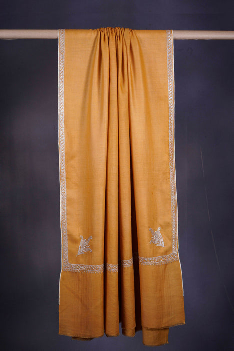 Mustard Yellow Silver Tilla Small Border Embroidery Pashmina Shawl