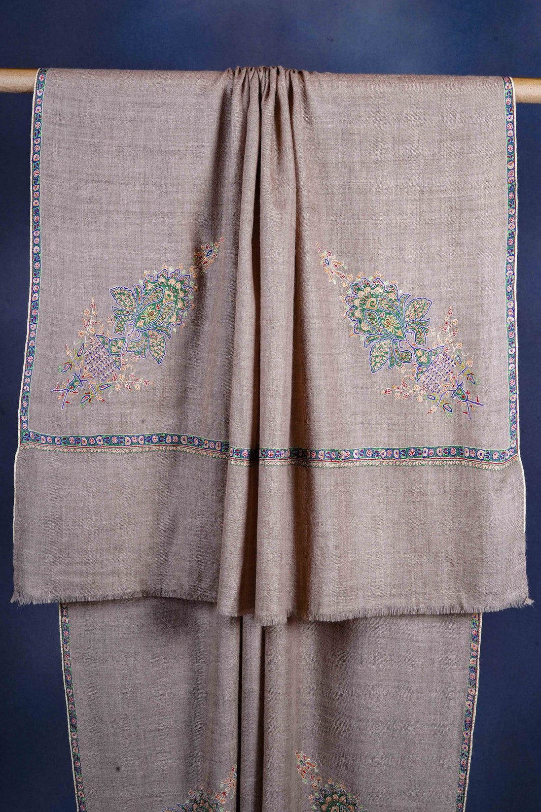 Natural base Cone Motif Sozni Hand Embroidery Pashmina Shawl