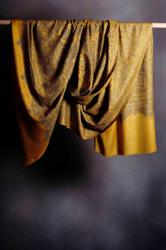 3 Yard Mustard yellow Pashmina Jamawar Full Embroidery Shawl