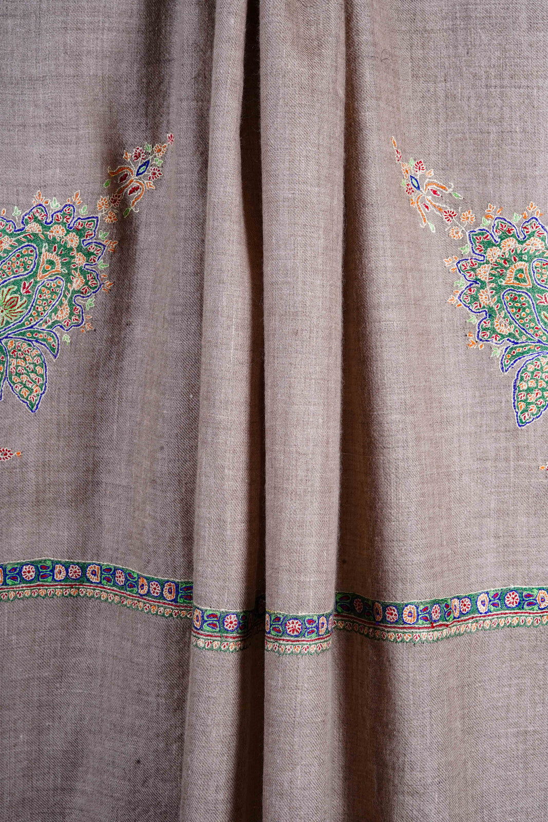 Natural base Cone Motif Sozni Hand Embroidery Pashmina Shawl