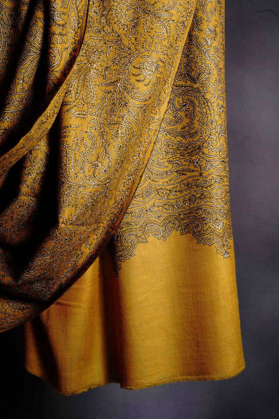 3 Yard Mustard yellow Pashmina Jamawar Full Embroidery Shawl