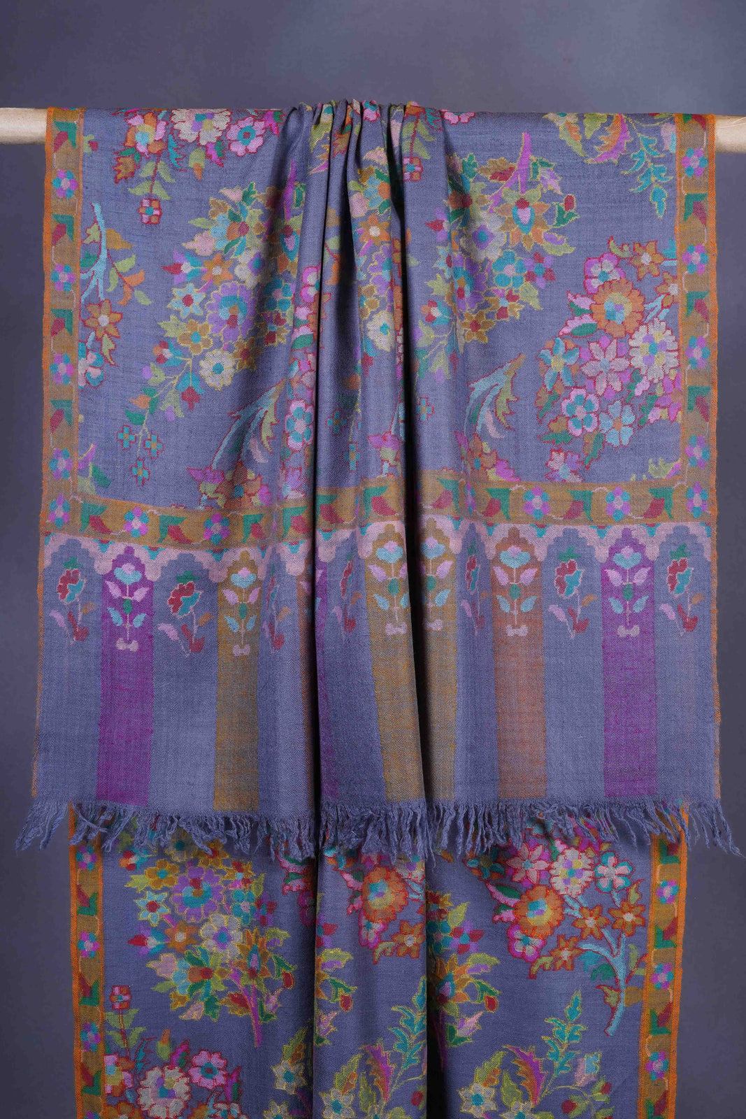 Grey Base Flower Kani Jamawar Pashmina Shawl