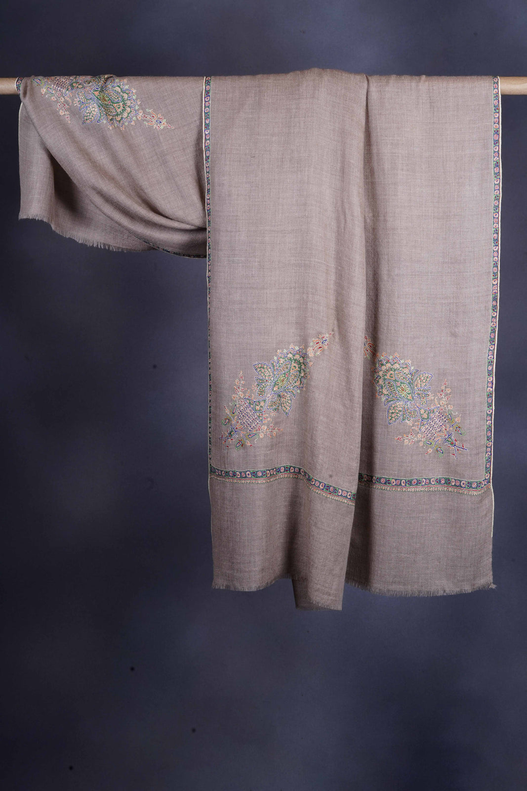 Natural base Cone Motif Sozni Hand Embroidery Pashmina Shawl