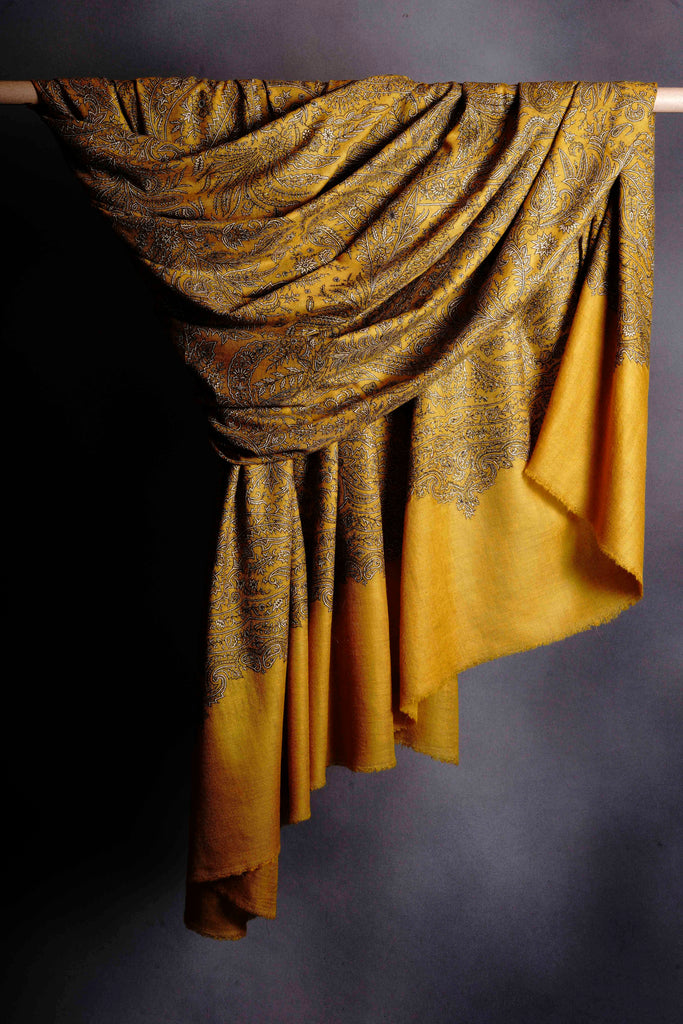 3 Yard Mustard yellow Pashmina Jamawar Full Embroidery Shawl