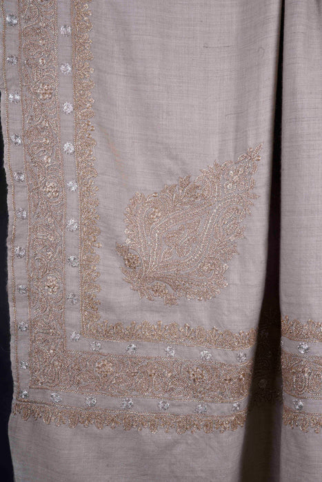 3 Yard Natural Base With Golden and Silver Tilla Embroidery Pashmina Shawl