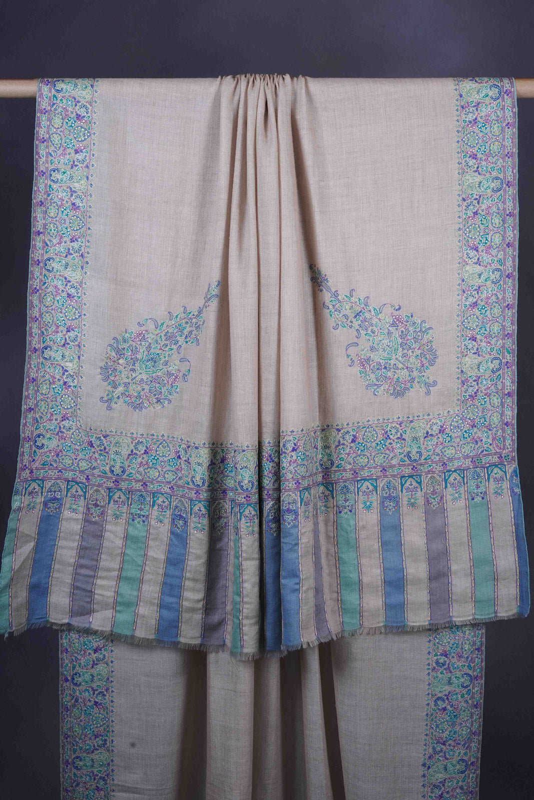 3 yard Ivory Base With Blue Cone Motif Sozni Hand Embroidery Pashmina Shawl