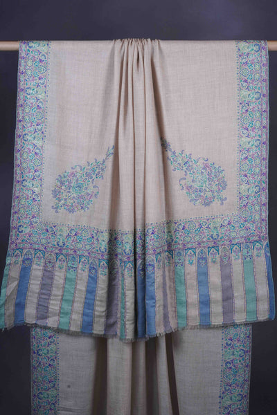 3 yard Ivory Base With Blue Cone Motif  Sozni Hand Embroidery Pashmina Shawl