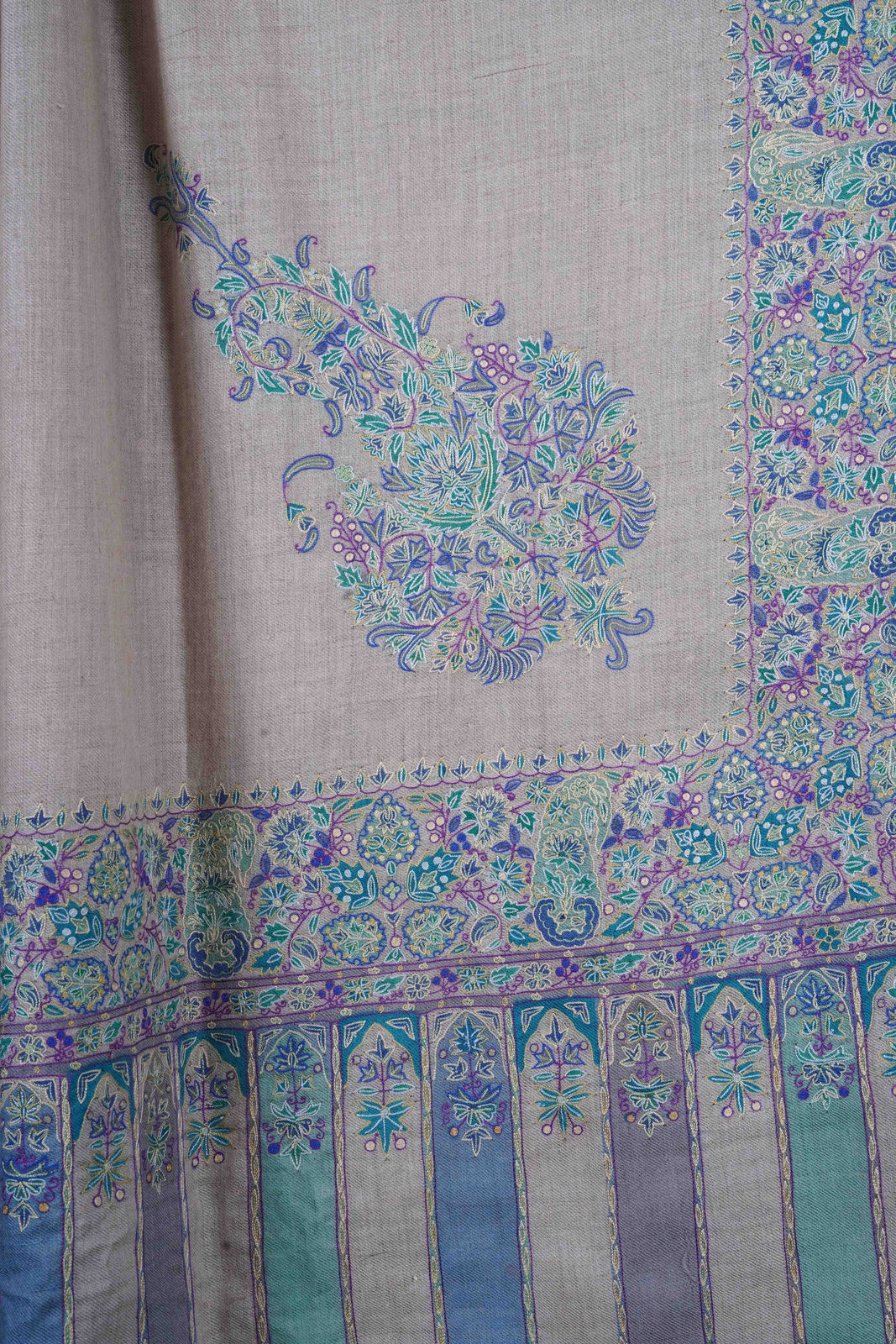3 yard Ivory Base With Blue Cone Motif Sozni Hand Embroidery Pashmina Shawl