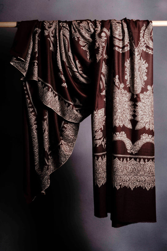 3 Yard Brown Pashmina Jamawar Full Embroidery Shawl