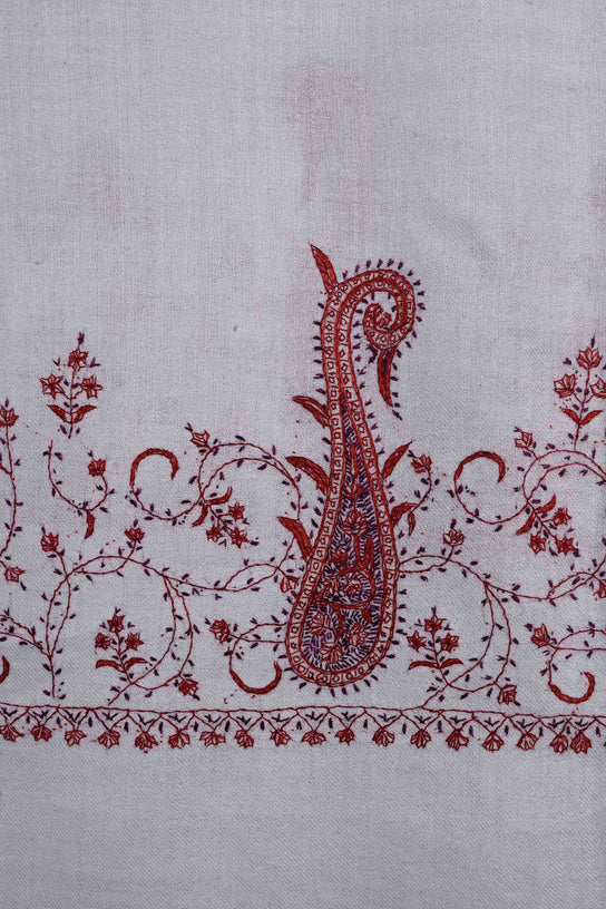 Ivory Big Border Sozni Embroidery Merino Wool Scarf