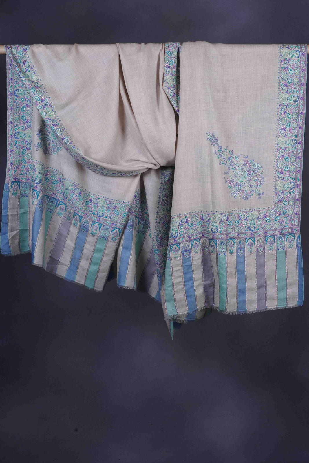 3 yard Ivory Base With Blue Cone Motif Sozni Hand Embroidery Pashmina Shawl