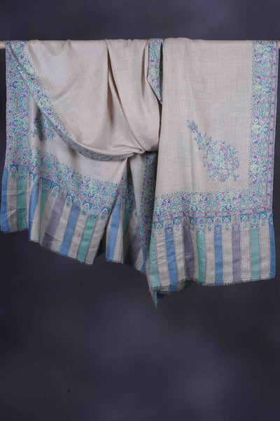 3 yard Ivory Base With Blue Cone Motif  Sozni Hand Embroidery Pashmina Shawl
