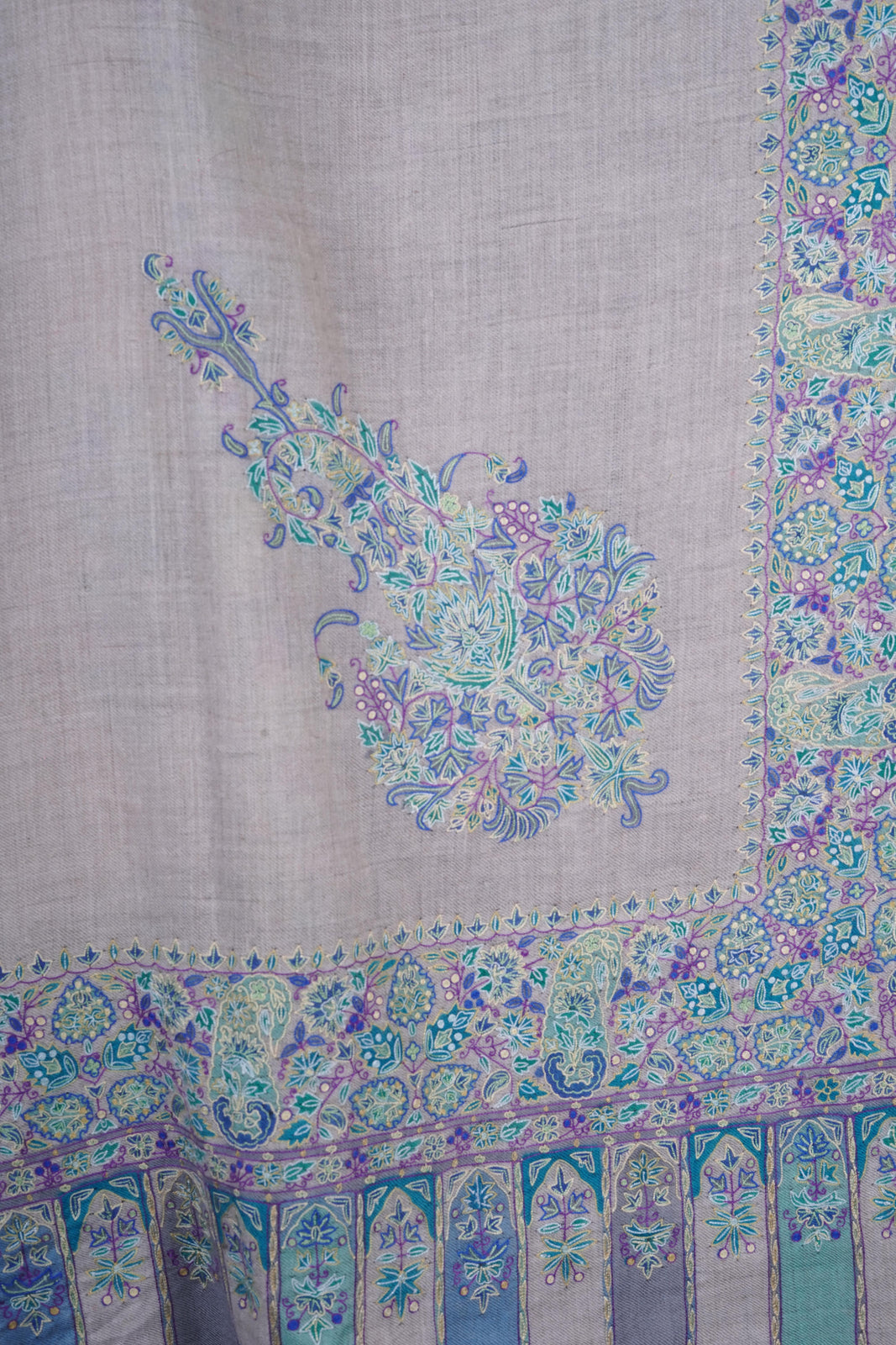3 yard Ivory Base With Blue Cone Motif Sozni Hand Embroidery Pashmina Shawl