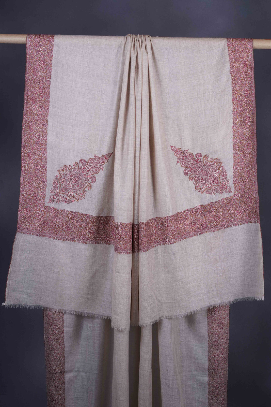 3 yard Natural Base With Maroon Cone Motif  Sozni Hand Embroidery Pashmina Shawl