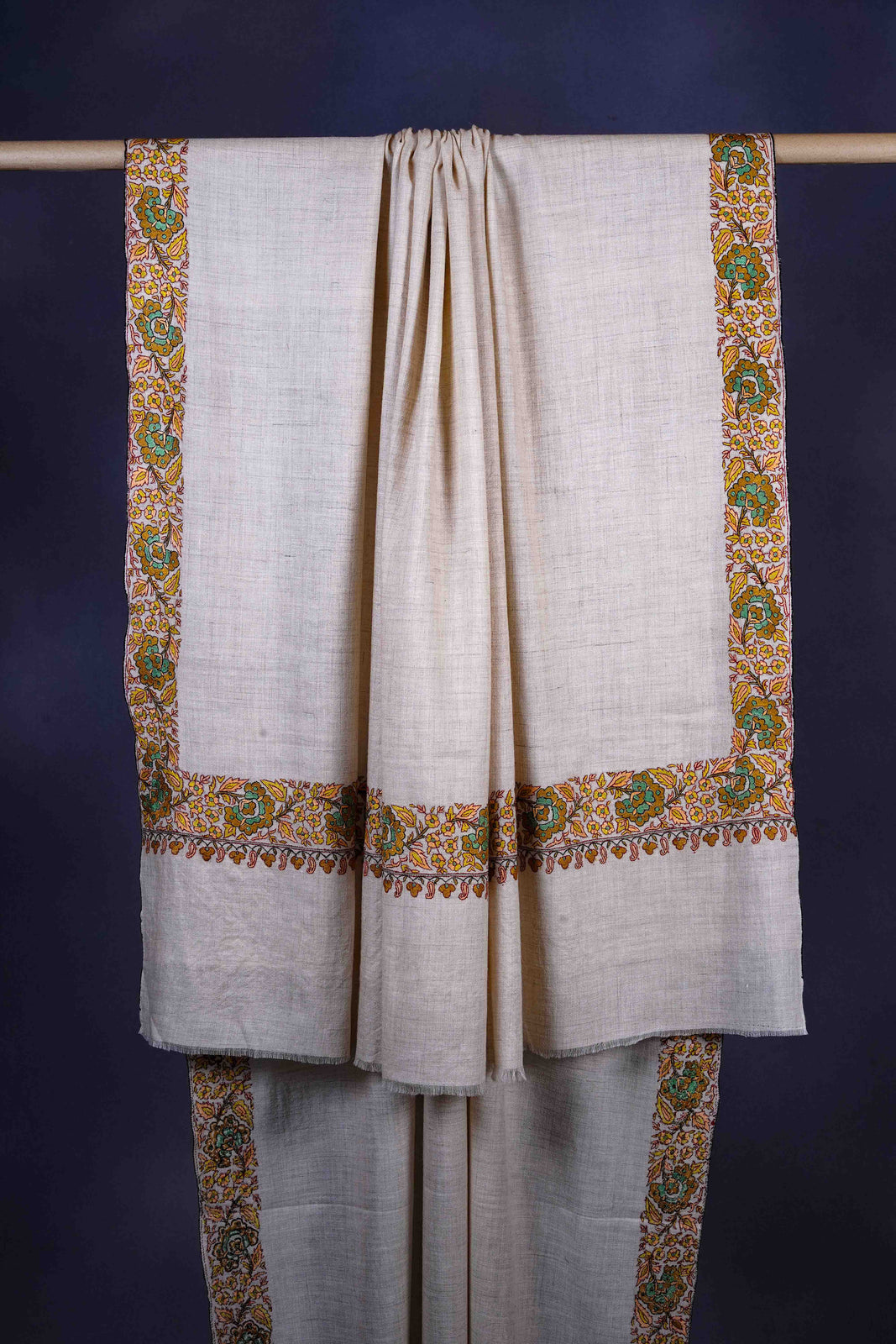 3 yard Ivory Base With Multicolor Border Sozni Hand Embroidery Pashmina Shawl