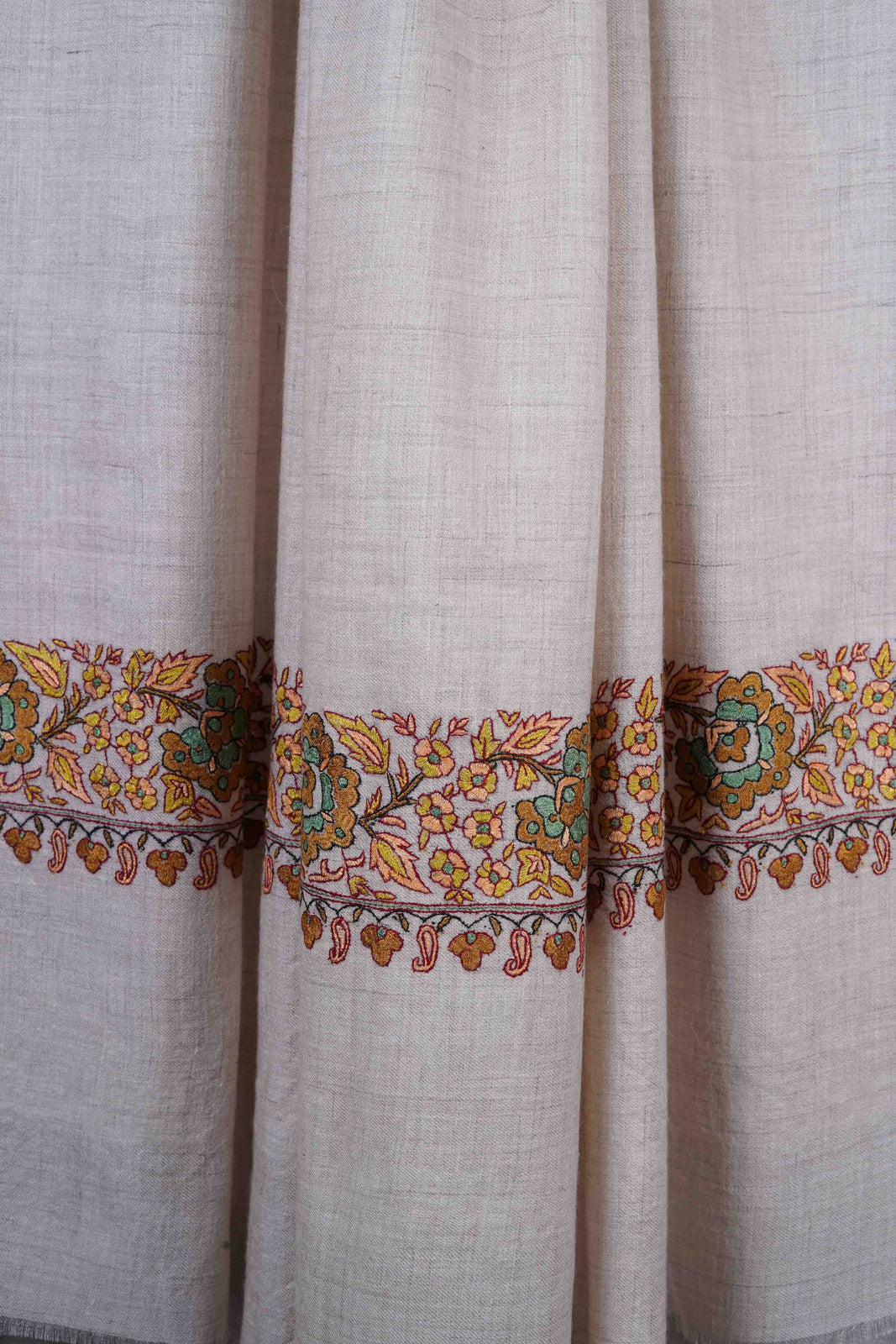 3 yard Ivory Base With Multicolor Border Sozni Hand Embroidery Pashmina Shawl