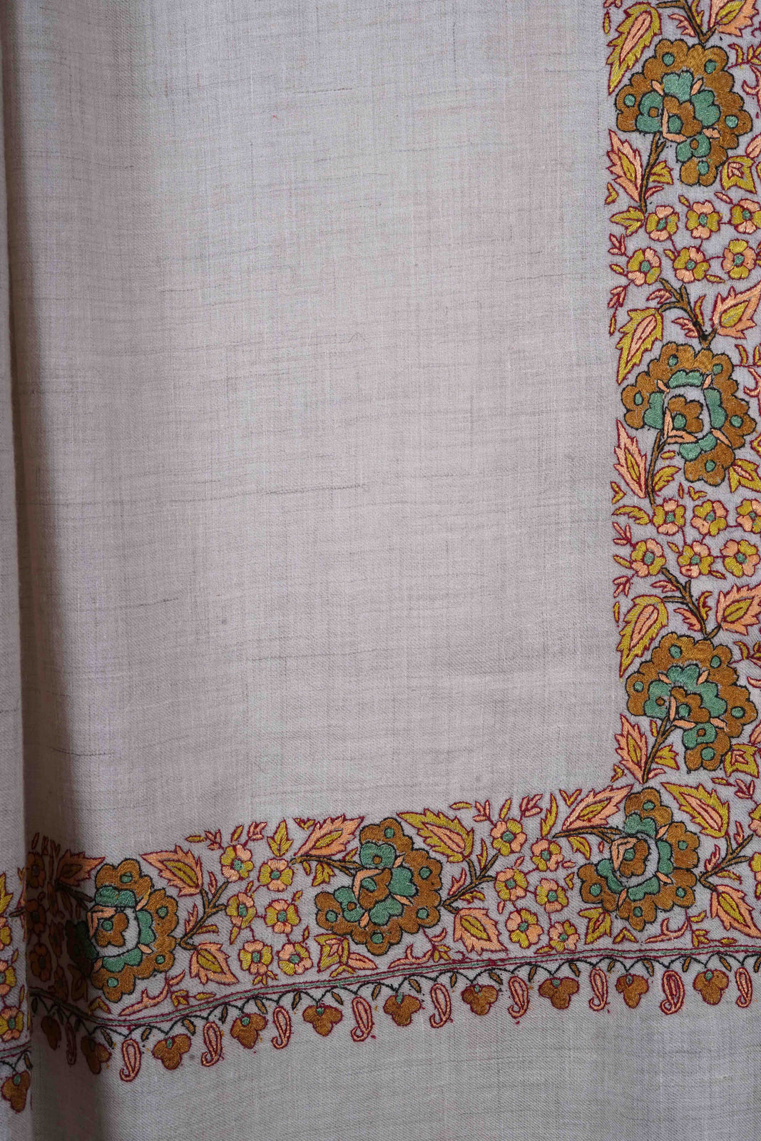 3 yard Ivory Base With Multicolor Border Sozni Hand Embroidery Pashmina Shawl