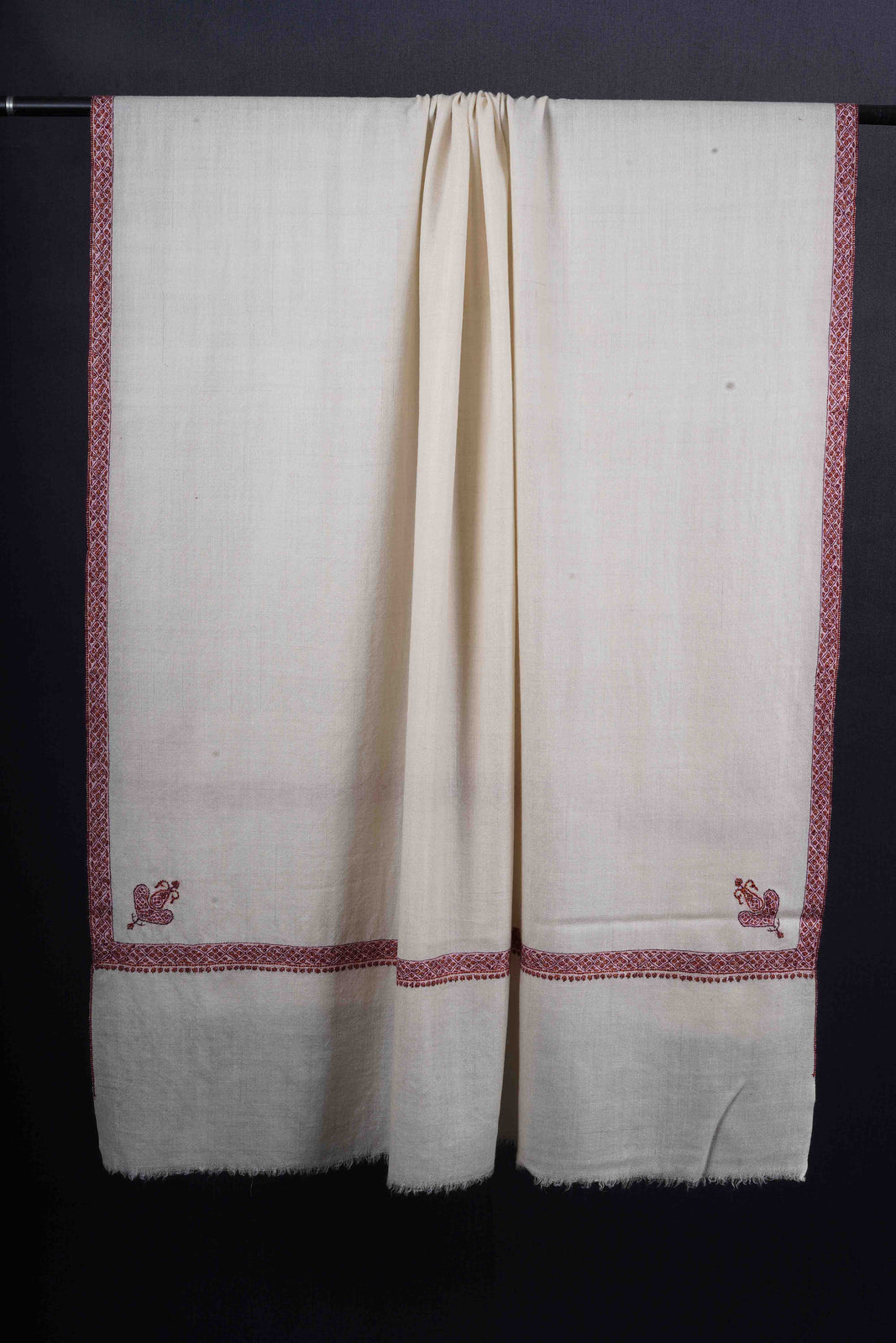 Ivory Base With Pink Border Embroidery Cashmere Pashmina Shawl