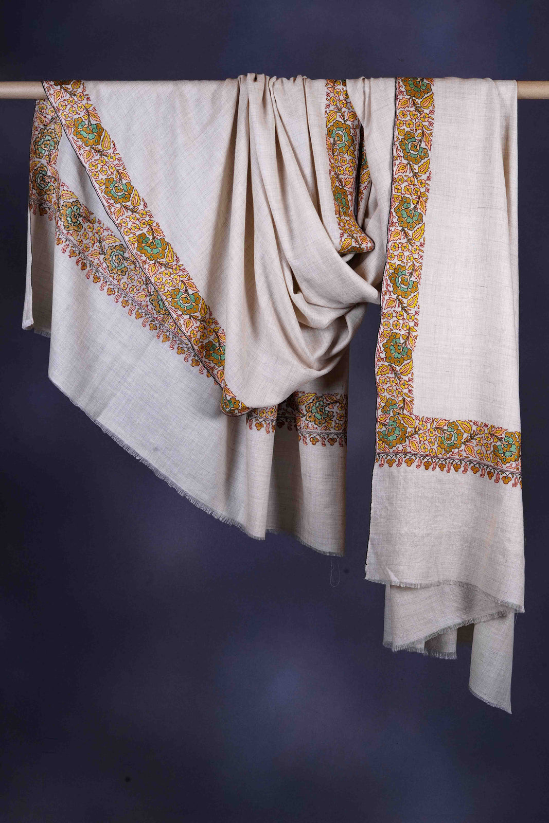 3 yard Ivory Base With Multicolor Border Sozni Hand Embroidery Pashmina Shawl