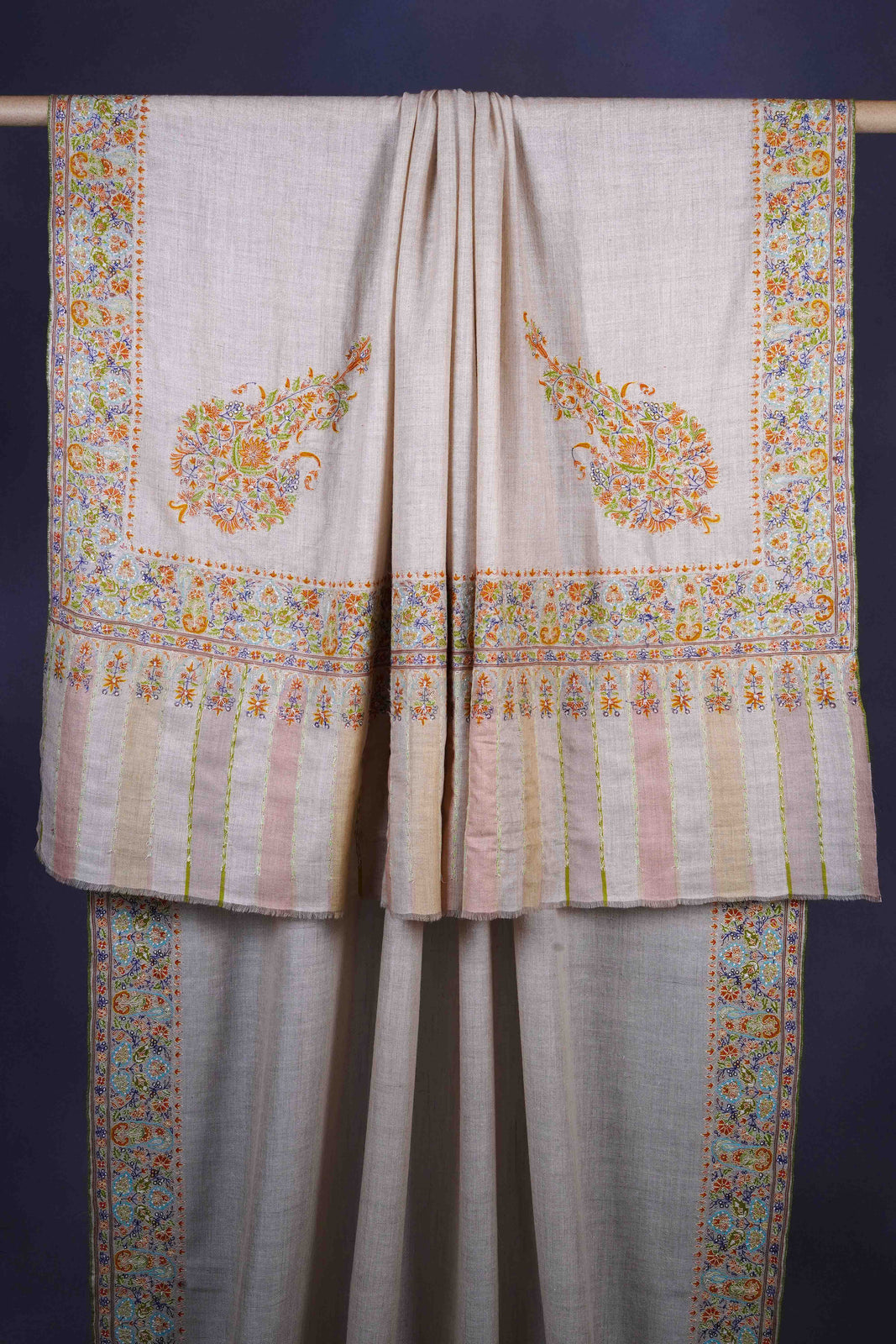 Ivory Base With Multicolor Cone Motif Sozni Hand Embroidery Pashmina Shawl