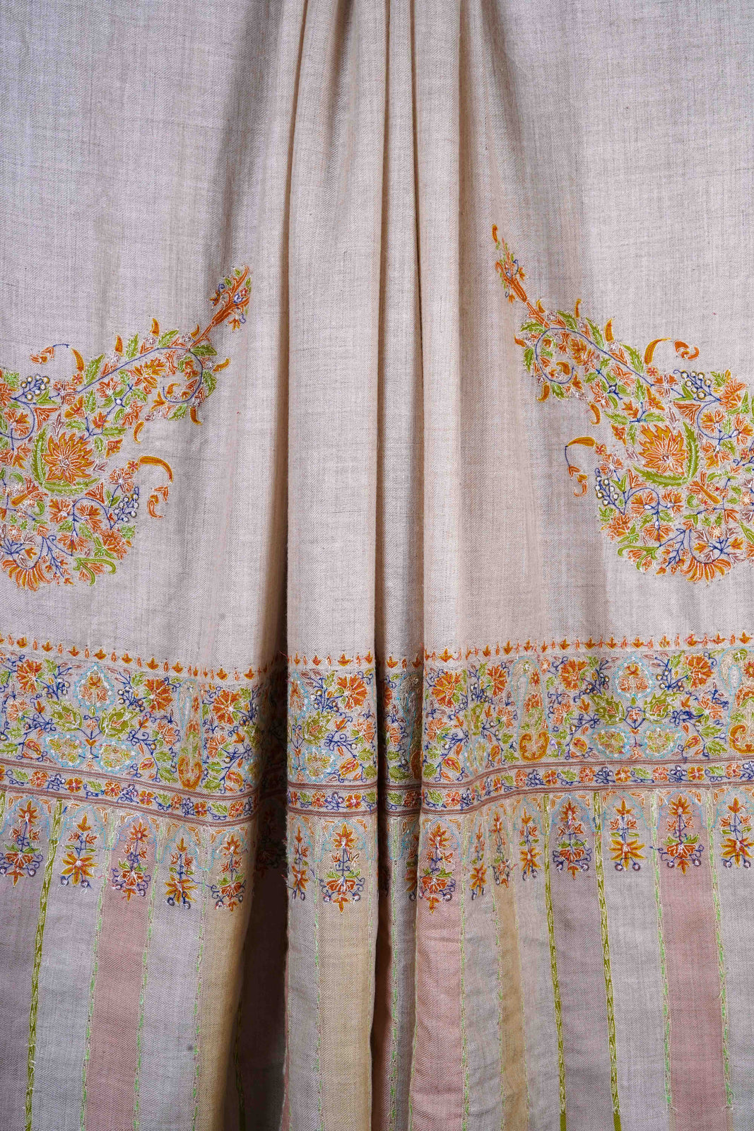 Ivory Base With Multicolor Cone Motif Sozni Hand Embroidery Pashmina Shawl