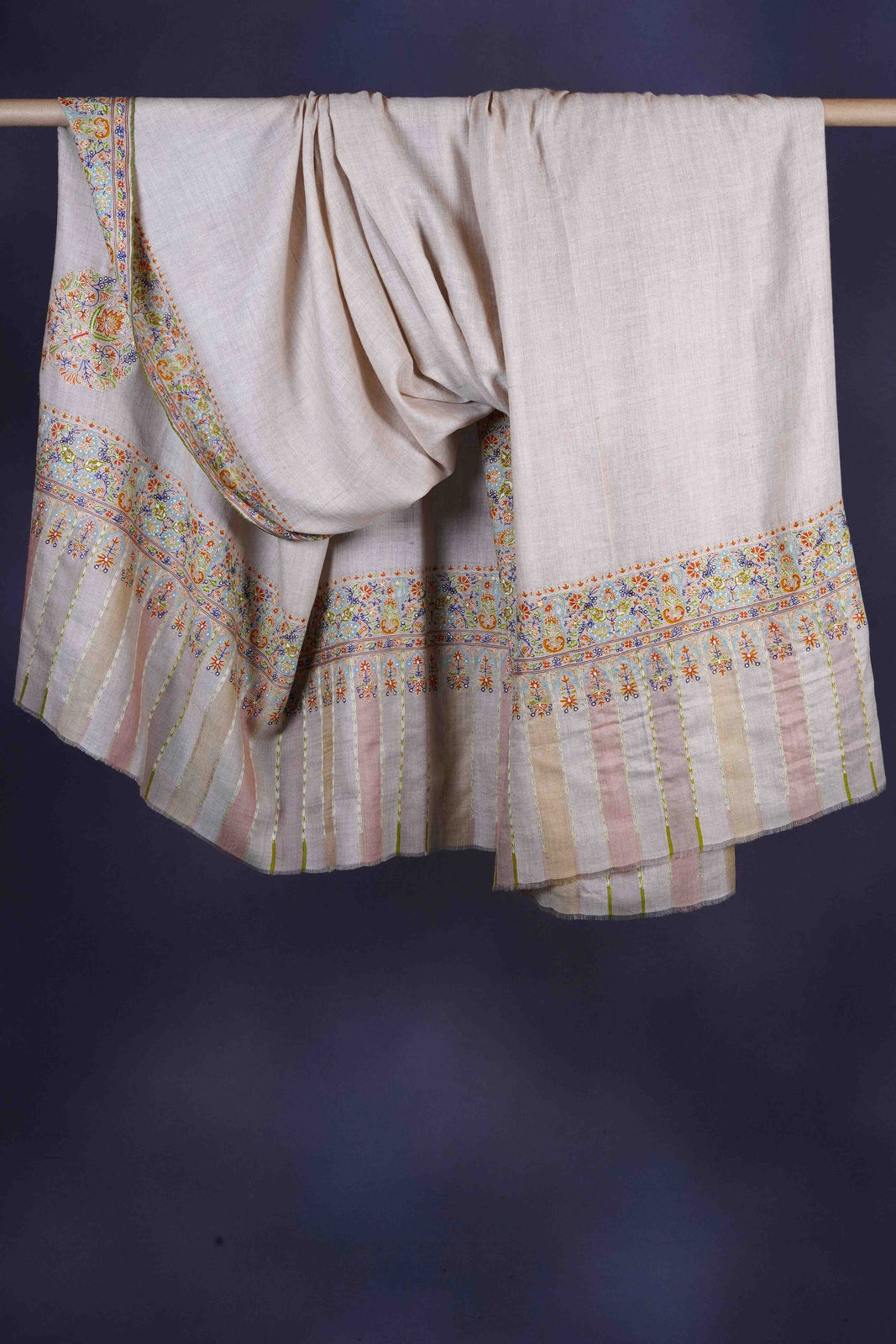 Ivory Base With Multicolor Cone Motif Sozni Hand Embroidery Pashmina Shawl