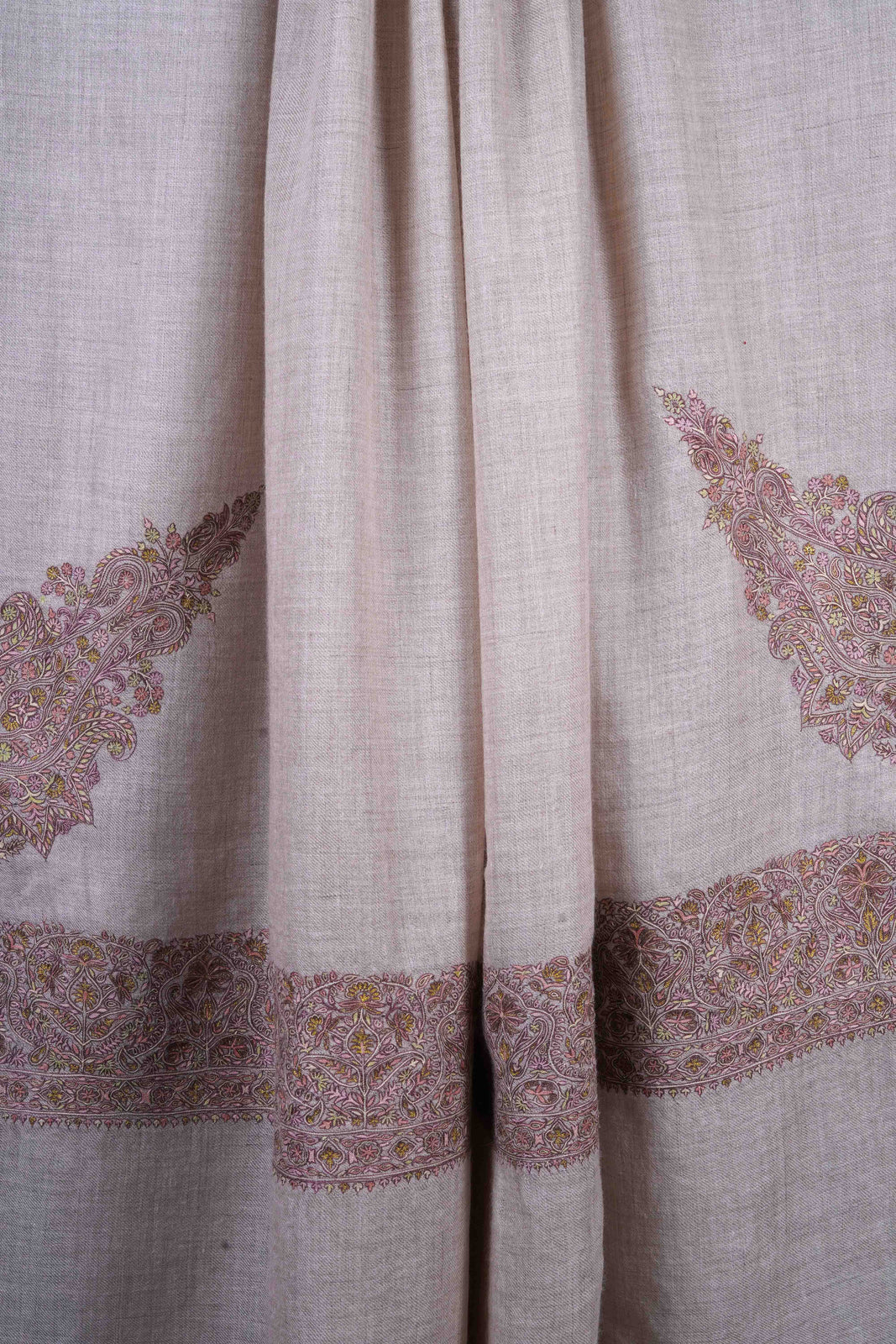 3 Yard Natural Base With Cone Motif Sozni Hand Embroidery Pashmina Shawl