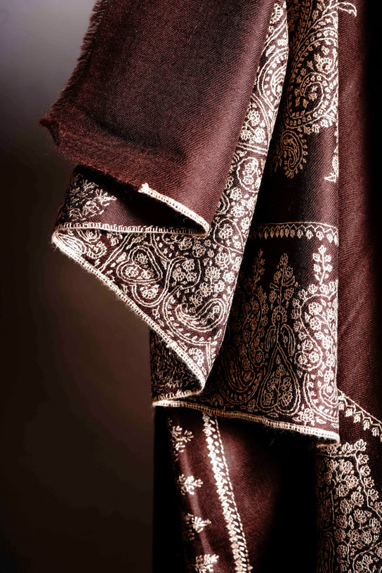 3 Yard Brown Pashmina Jamawar Full Embroidery Shawl