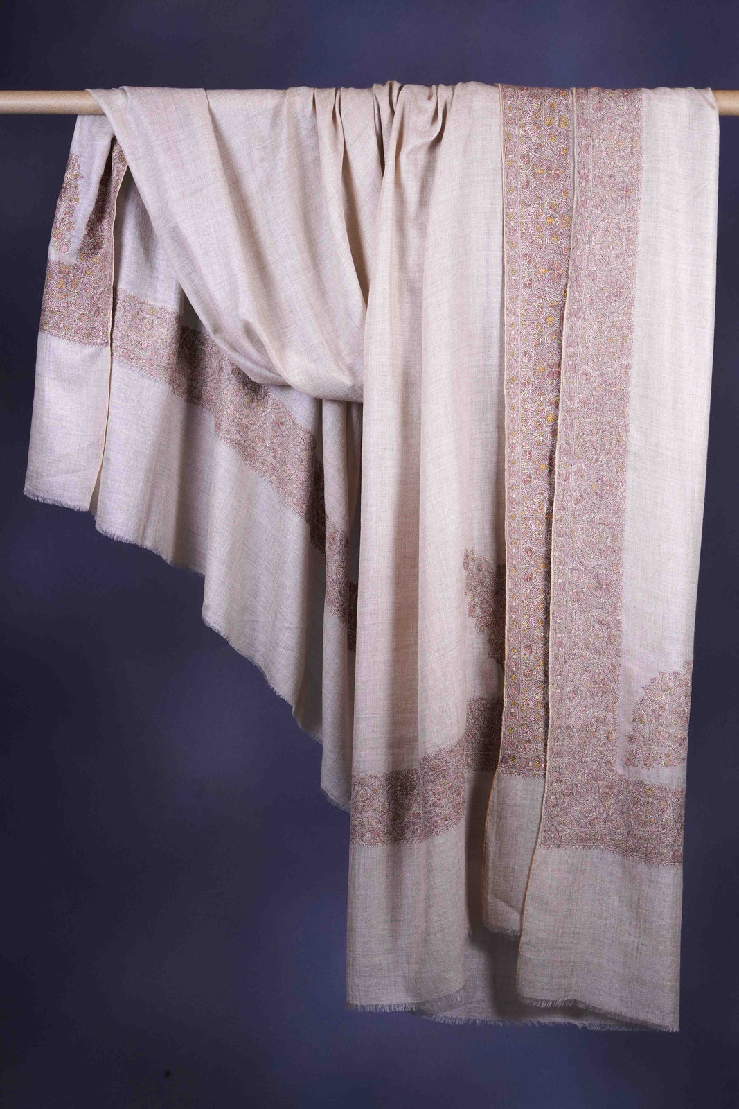 3 Yard Natural Base With Cone Motif Sozni Hand Embroidery Pashmina Shawl