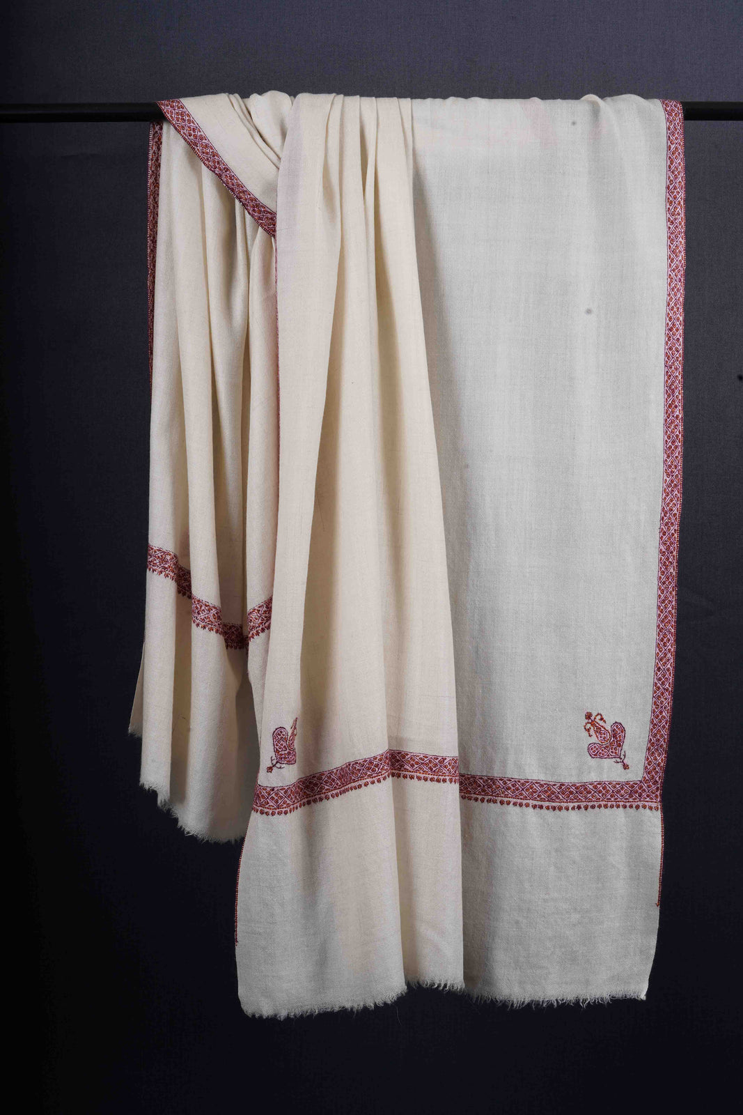 Ivory Base With Pink Border Embroidery Cashmere Pashmina Shawl