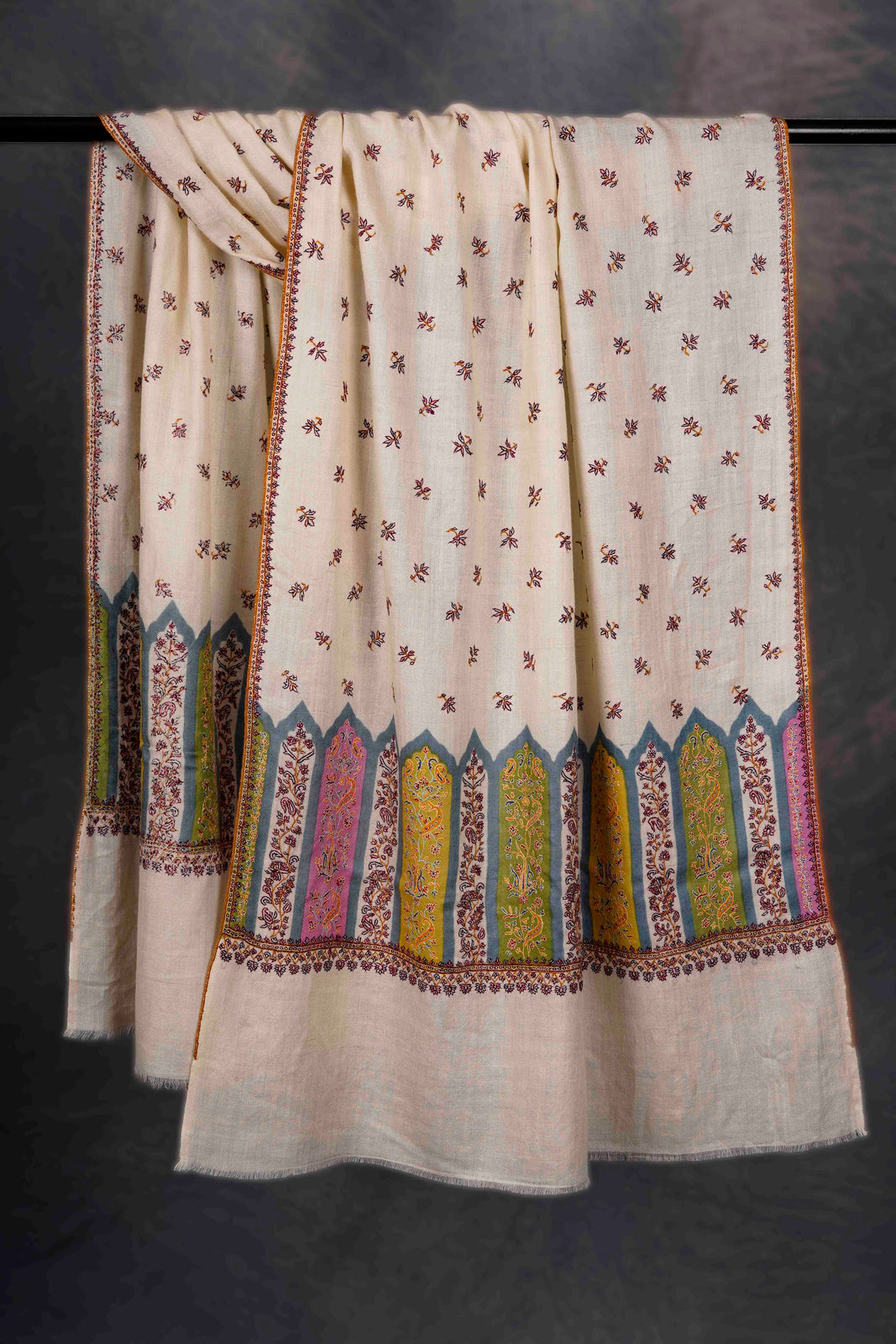 Ivory Big Border with Boteh Motif Embroidery Cashmere Pashmina Scarf