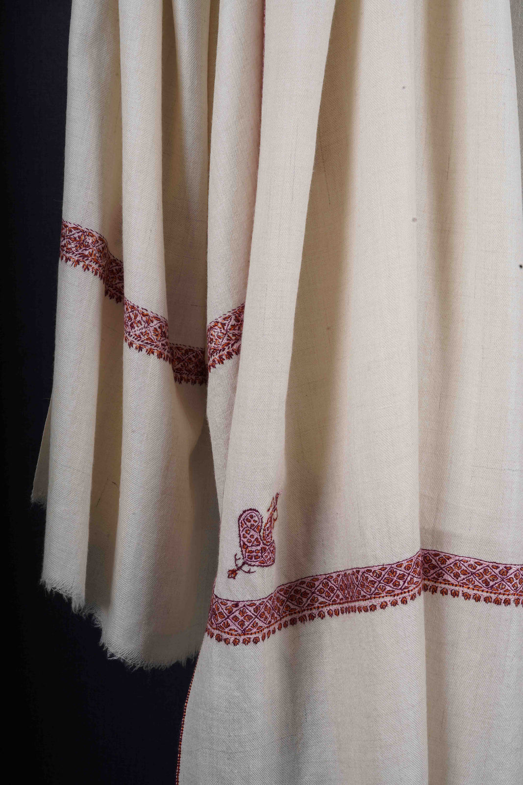Ivory Base With Pink Border Embroidery Cashmere Pashmina Shawl