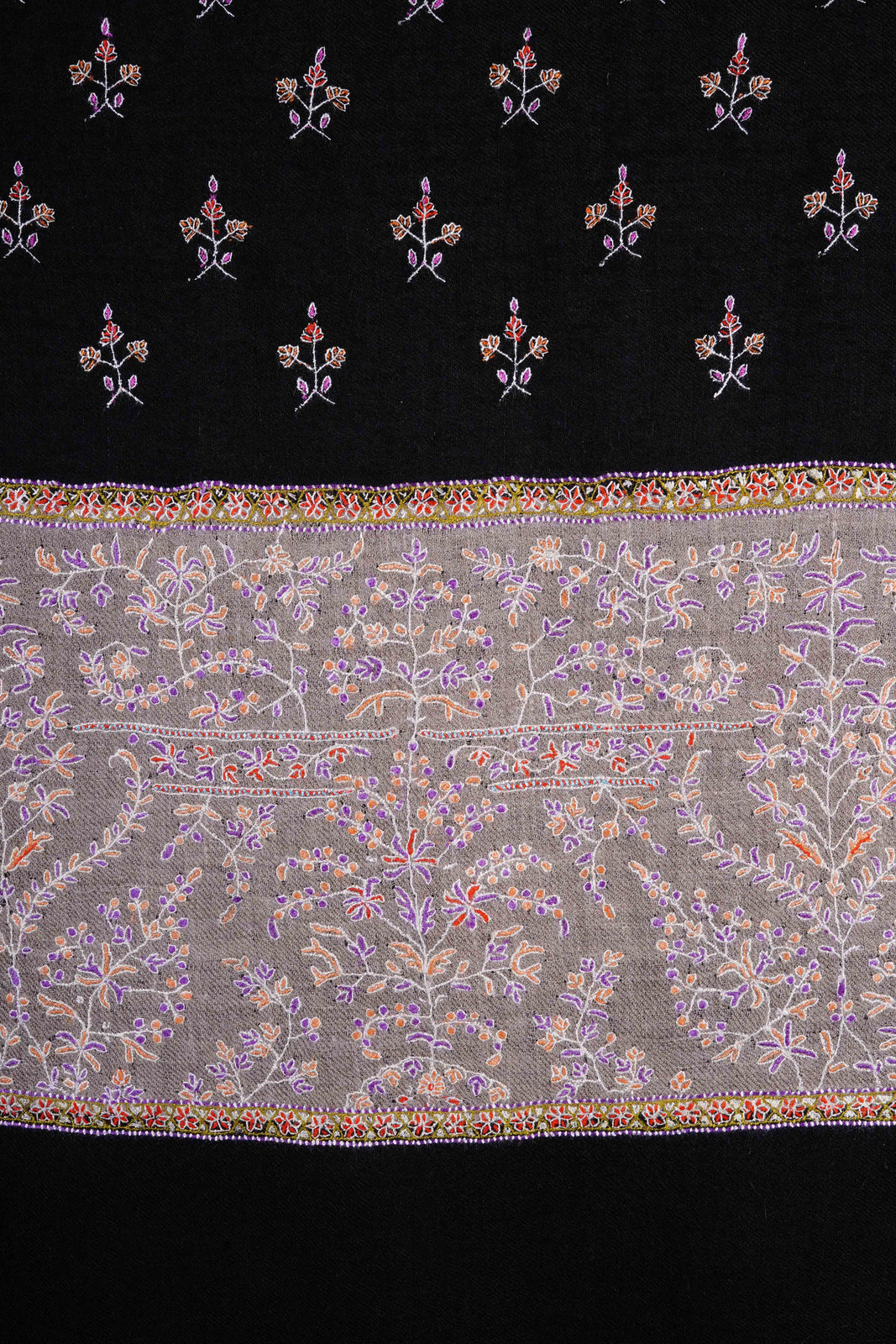 Black with Natural Border Embroidery Pashmina Cashmere Shawl