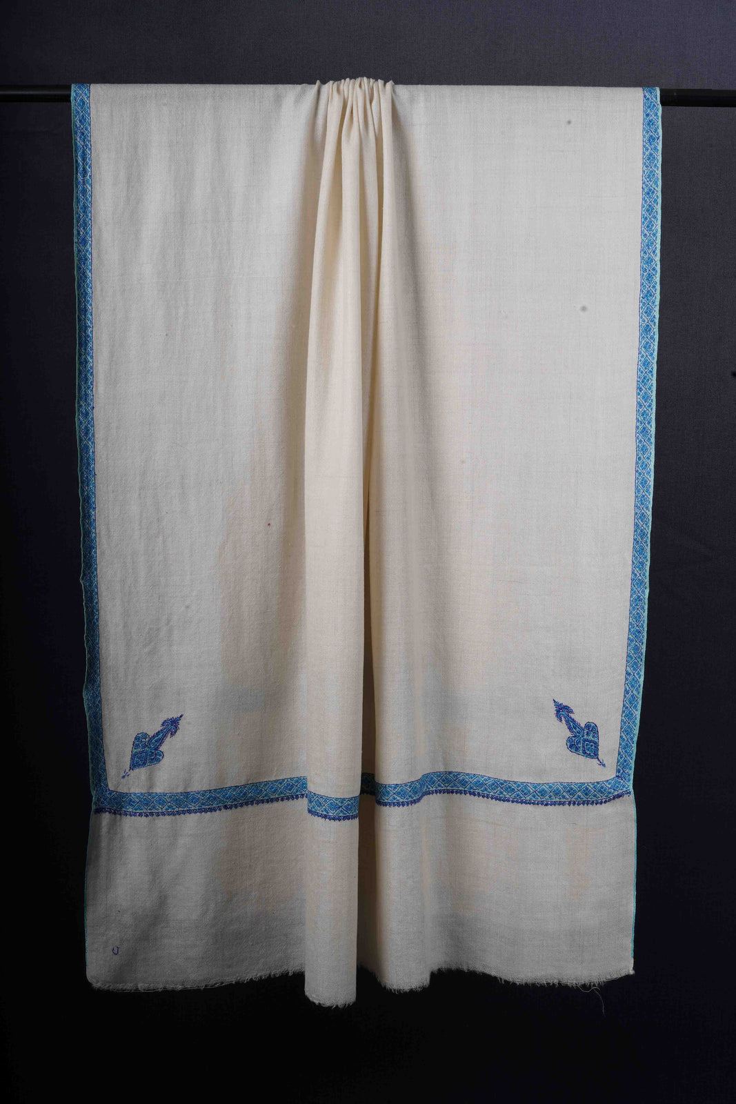 Ivory Base With Blue Border Embroidery Cashmere Pashmina Shawl